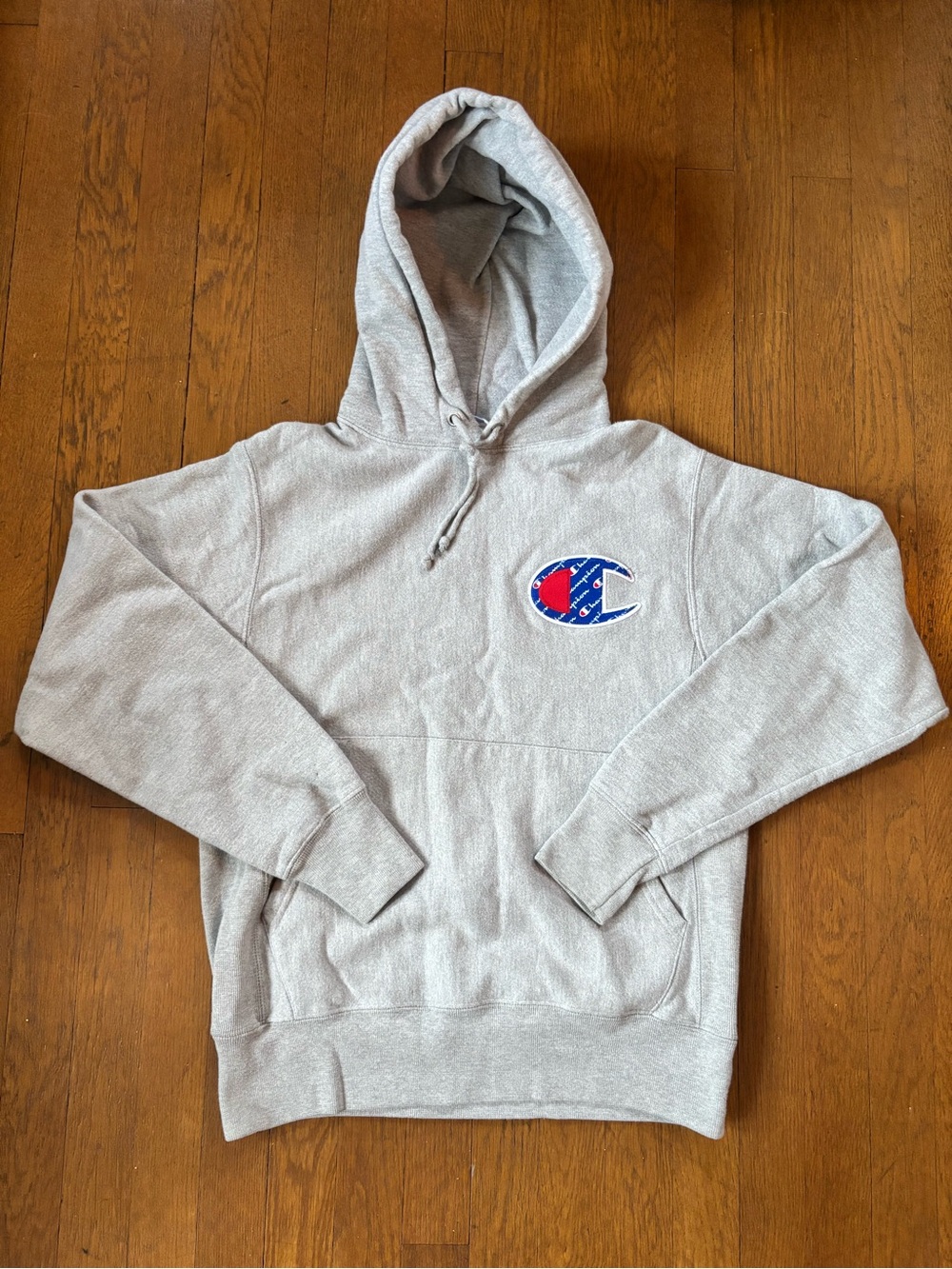 Champion Light Gray Heavyweight Hoodie with Red & Blue Logo